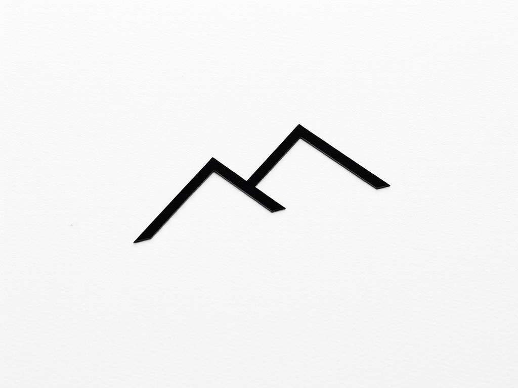 Minimalist abstract logo shape: a stylized 'M' formed by two overlapping curves, resembling a mountain and a waveform, matte black on textured off-white paper, macro shot with soft light.